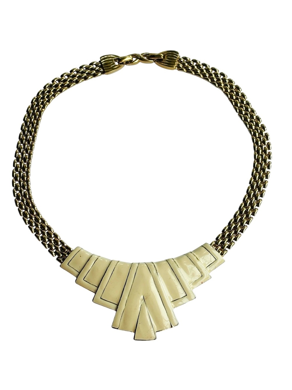 Nina Ricci Signed Vintage Art Deco Revival Ivory Enamel Gold Tone Necklace 16”